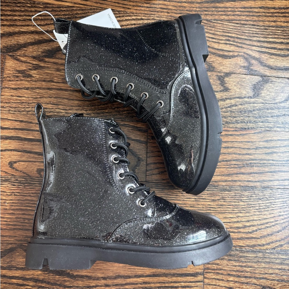 Dadawen Black Glitter Combat Boots Kids Ankle Glossy Black Glitter Boots Size 3 - Picture 2 of 6